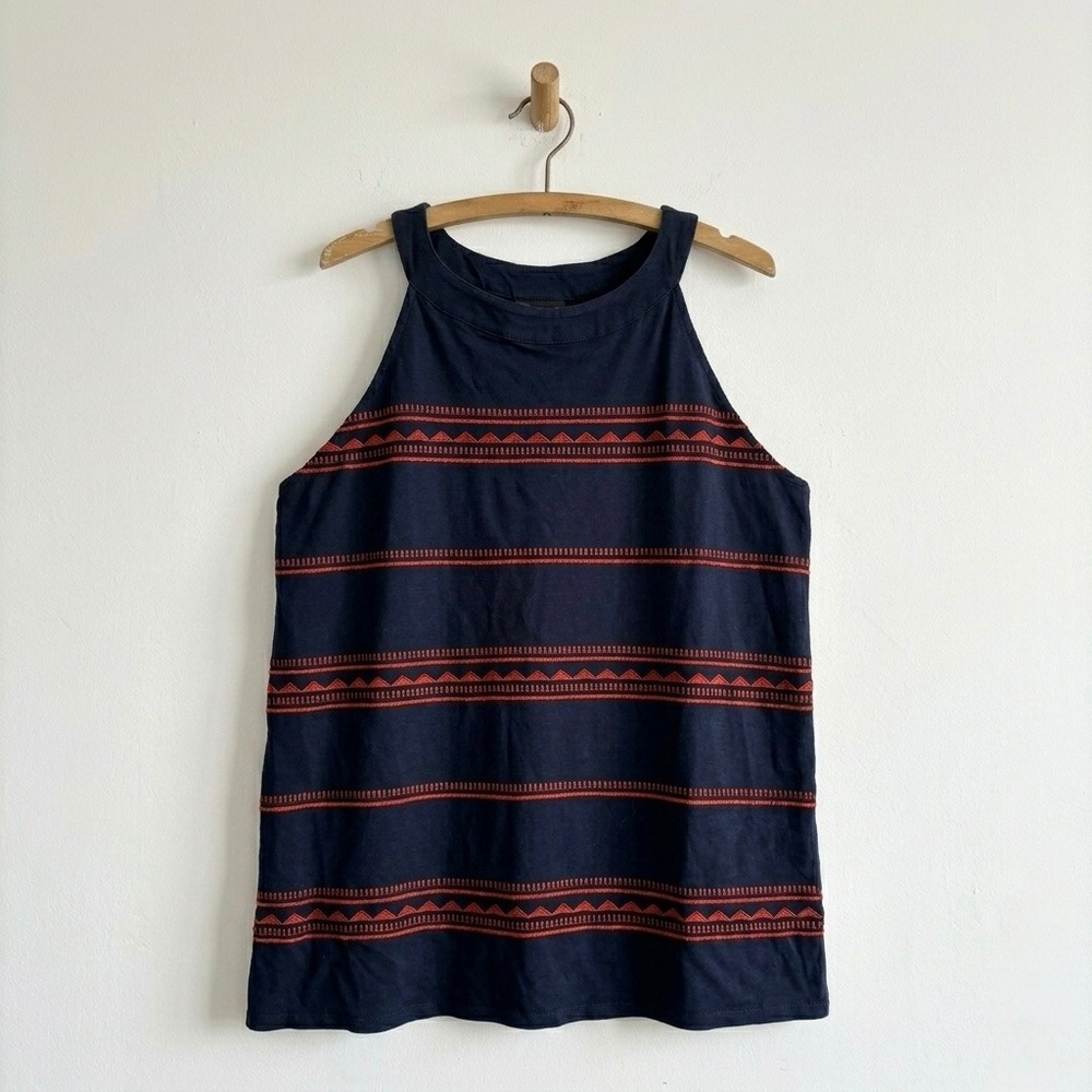 J. Jill Navy Blue Red Embroidered Halter Neck Tank Top Size M Cotton Modal Rayon